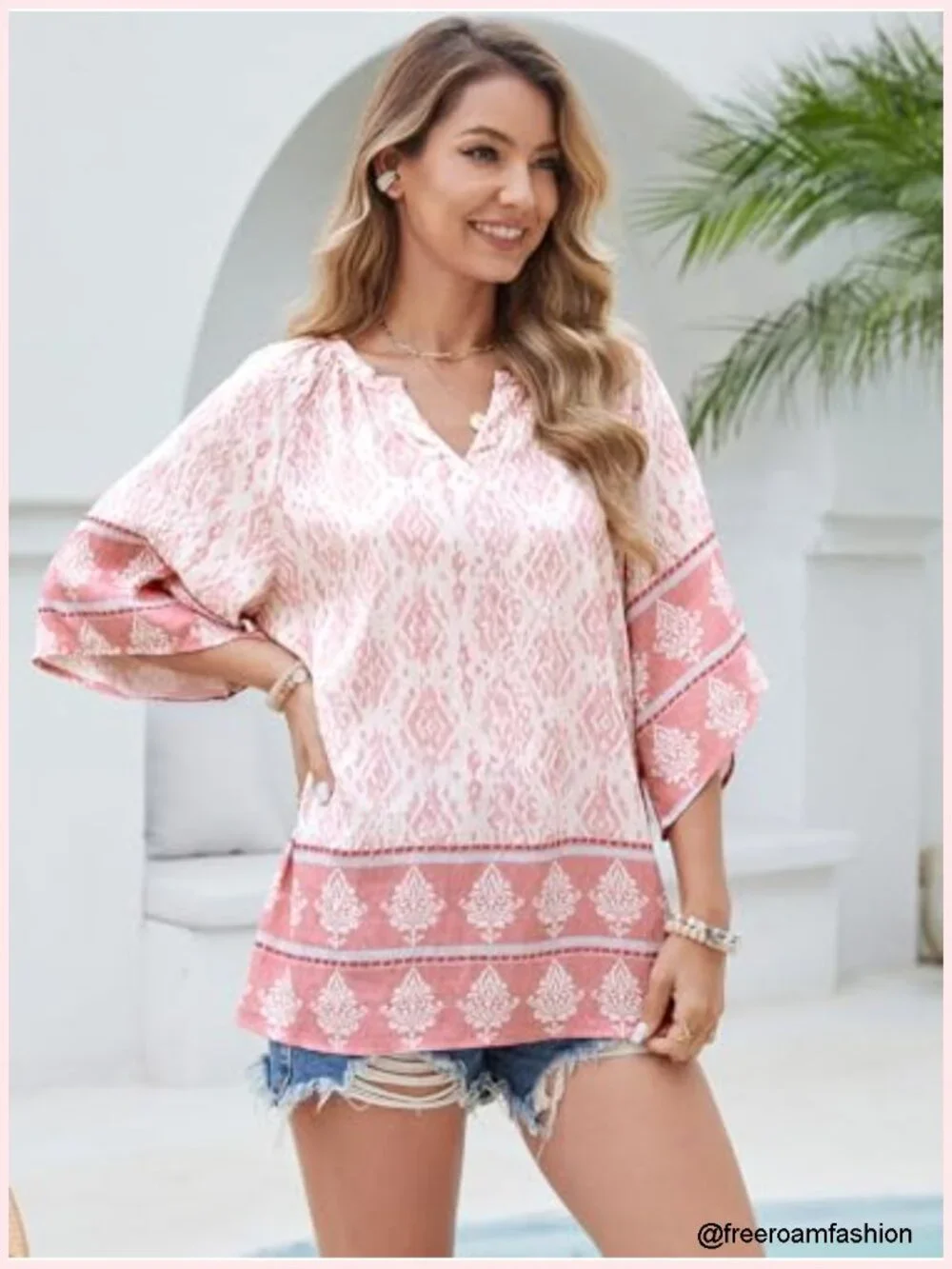 Women's Boho V-Neck 3/4 Bell Sleeve Tunic Blouse Loose Fit Peasant Top